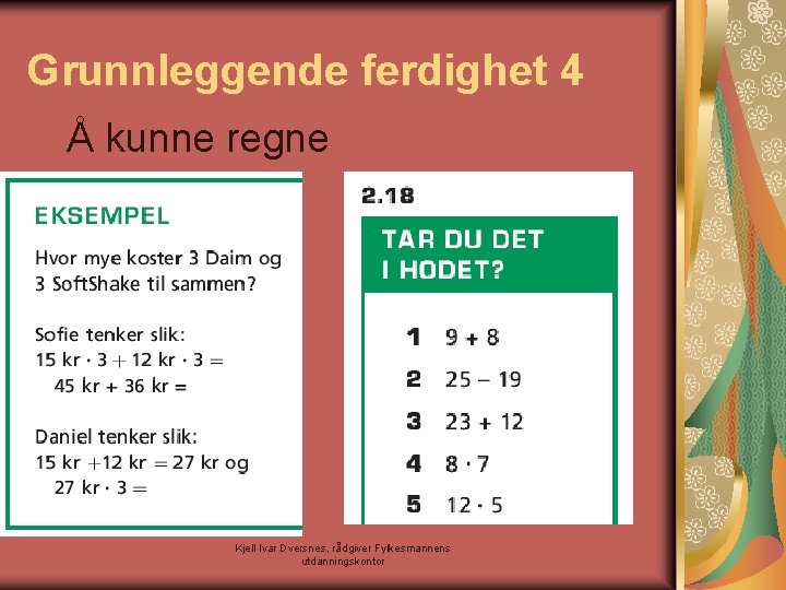 Grunnleggende ferdighet 4 Å kunne regne Kjell Ivar Dversnes, rådgiver Fylkesmannens utdanningskontor 