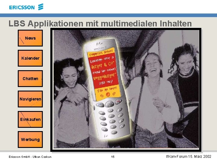 LBS Applikationen mit multimedialen Inhalten News Kalender Chatten Navigieren Anywhere, anytime Einkaufen Werbung Ericsson
