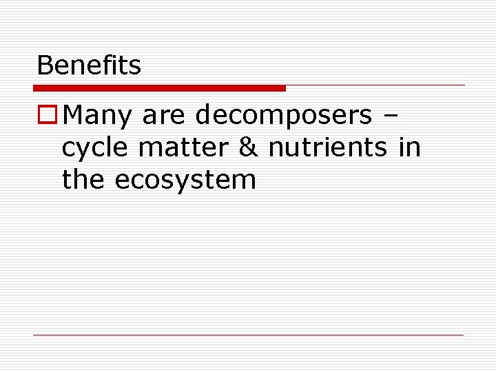 Benefits o Many are decomposers – cycle matter & nutrients in the ecosystem 