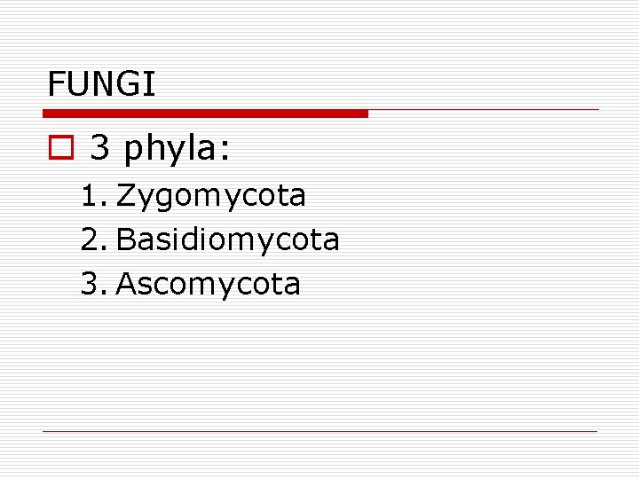 FUNGI o 3 phyla: 1. Zygomycota 2. Basidiomycota 3. Ascomycota 
