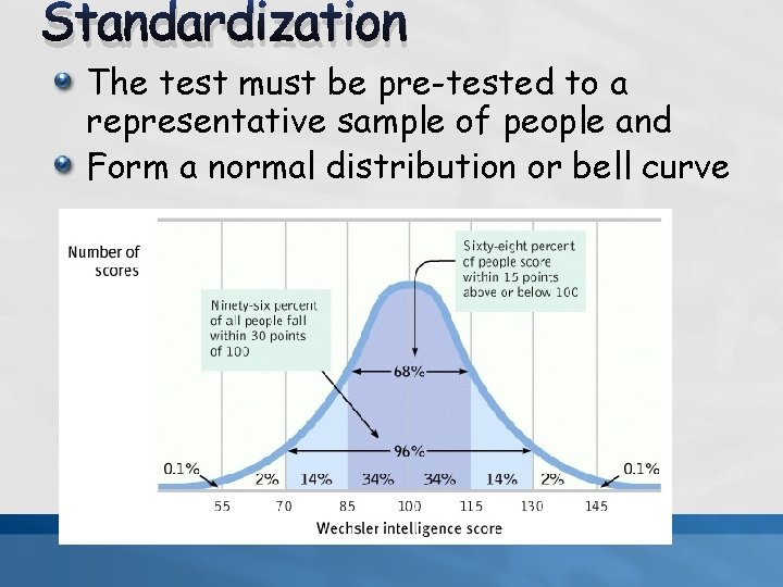 Standardization The test must be pre-tested to a representative sample of people and Form