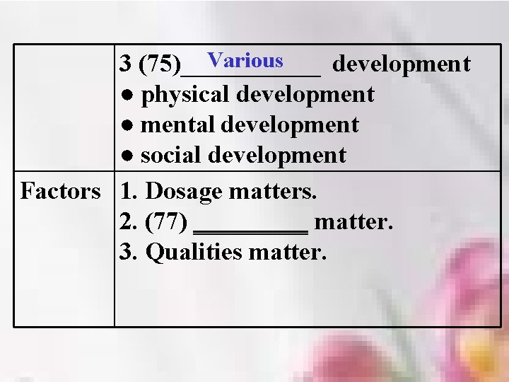 Various 3 (75)______ development ● physical development ● mental development ● social development Factors