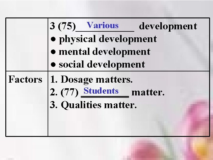 Various 3 (75)______ development ● physical development ● mental development ● social development Factors