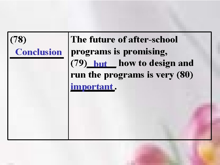 (78) The future of after-school Conclusion programs is promising, ______ (79)______ but how to