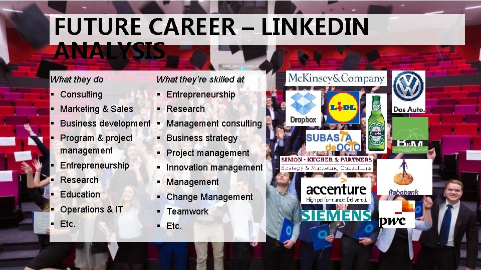 FUTURE CAREER – LINKEDIN ANALYSIS What they do What they’re skilled at § Consulting