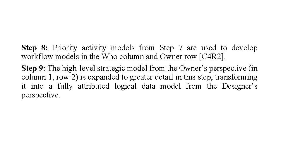 Step 8: Priority activity models from Step 7 are used to develop workflow models