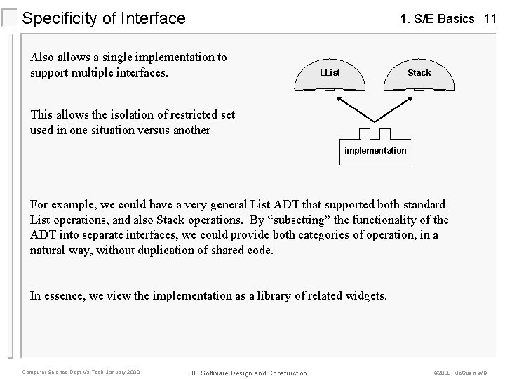 Specificity of Interface 1. S/E Basics 11 Also allows a single implementation to support