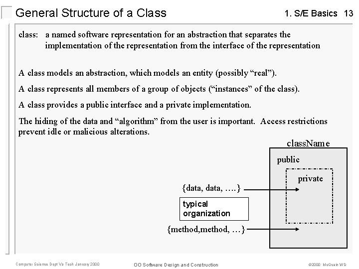 General Structure of a Class 1. S/E Basics 13 class: a named software representation