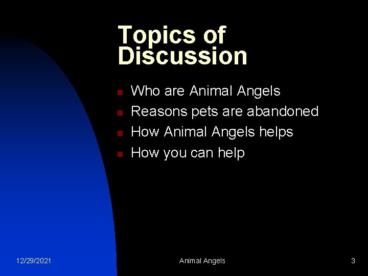 Topics of Discussion n n 12/29/2021 Who are Animal Angels Reasons pets are abandoned