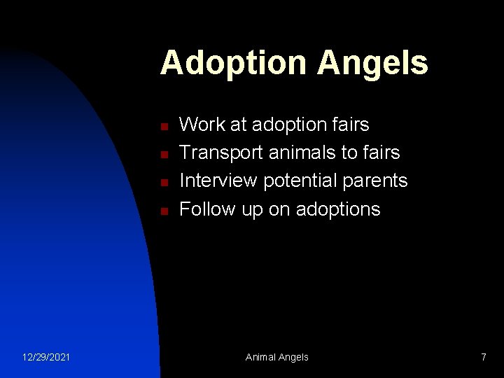 Adoption Angels n n 12/29/2021 Work at adoption fairs Transport animals to fairs Interview