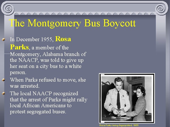 The Montgomery Bus Boycott In December 1955, Rosa Parks, a member of the Montgomery,
