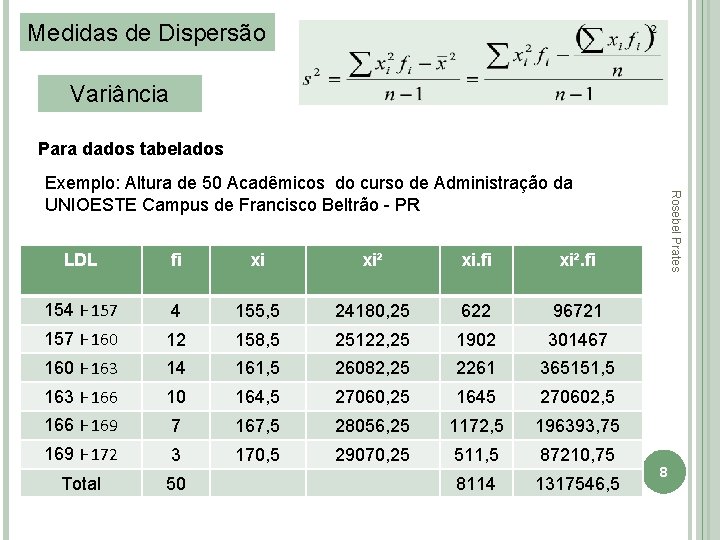 Medidas de Dispersão Variância Para dados tabelados LDL fi xi xi² xi. fi xi².