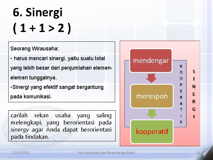 6. Sinergi (1+1>2) Seorang Wirausaha: • harus mencari sinergi, yaitu suatu total yang lebih