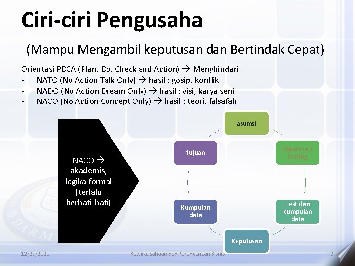 Ciri-ciri Pengusaha (Mampu Mengambil keputusan dan Bertindak Cepat) Orientasi PDCA (Plan, Do, Check and