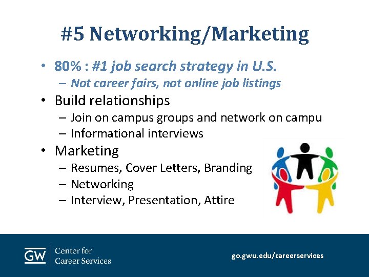 #5 Networking/Marketing • 80% : #1 job search strategy in U. S. – Not