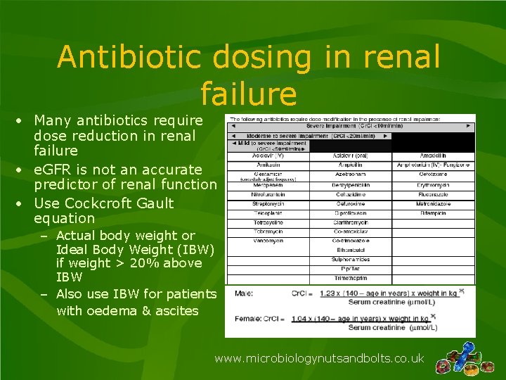 Antibiotic dosing in renal failure • Many antibiotics require dose reduction in renal failure