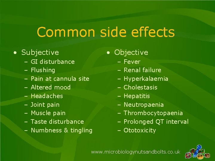 Common side effects • Subjective – – – – – • Objective GI disturbance