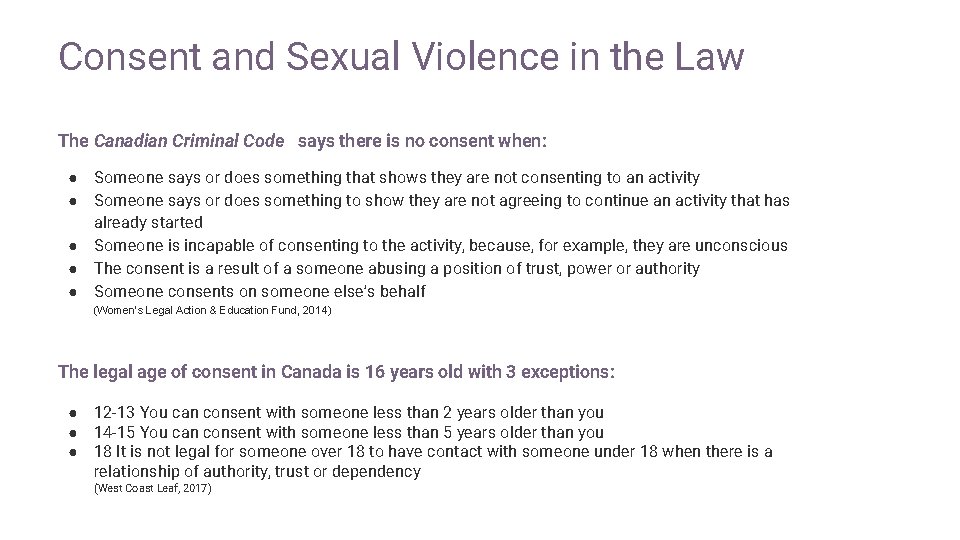 Consent and Sexual Violence in the Law The Canadian Criminal Code says there is