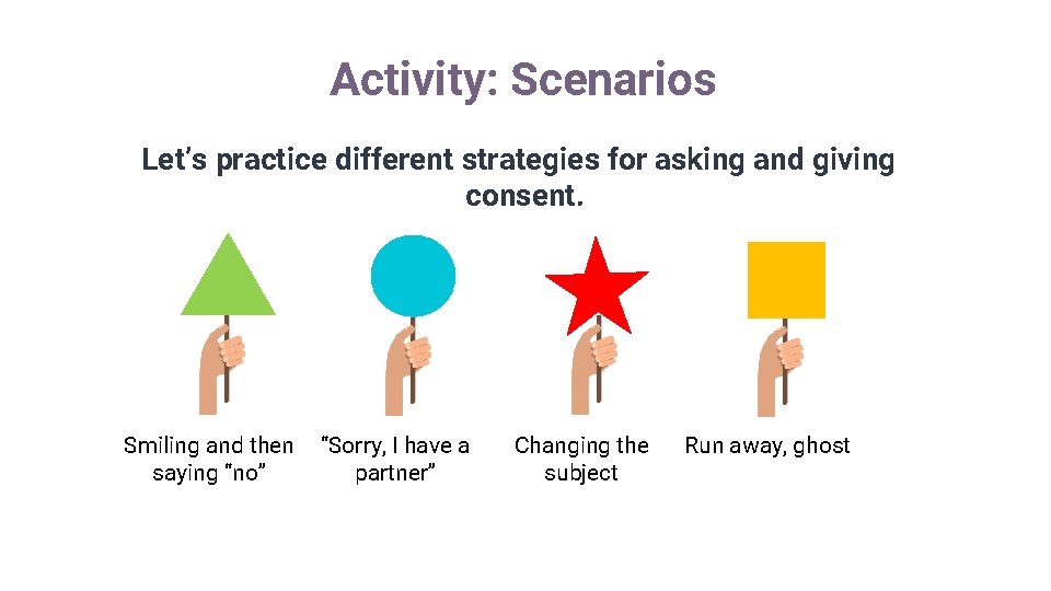 Activity: Scenarios Let’s practice different strategies for asking and giving consent. Smiling and then