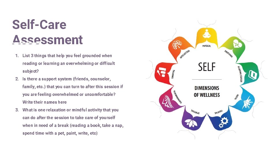 Self-Care Assessment 1. List 3 things that help you feel grounded when reading or