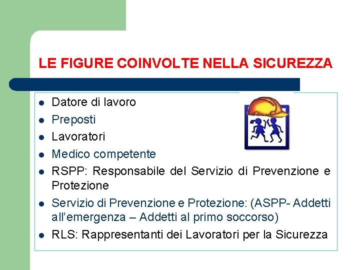 LE FIGURE COINVOLTE NELLA SICUREZZA l l l l Datore di lavoro Preposti Lavoratori