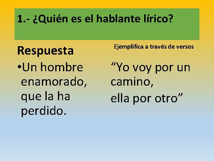 1. - ¿Quién es el hablante lírico? Respuesta • Un hombre enamorado, que la