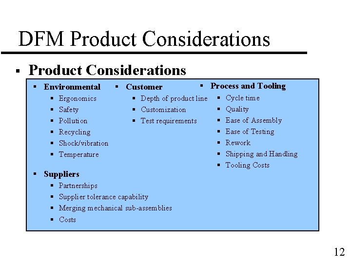 DFM Product Considerations § Environmental § § § Ergonomics Safety Pollution Recycling Shock/vibration Temperature