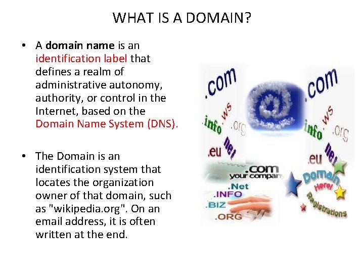 WHAT IS A DOMAIN? • A domain name is an identification label that defines