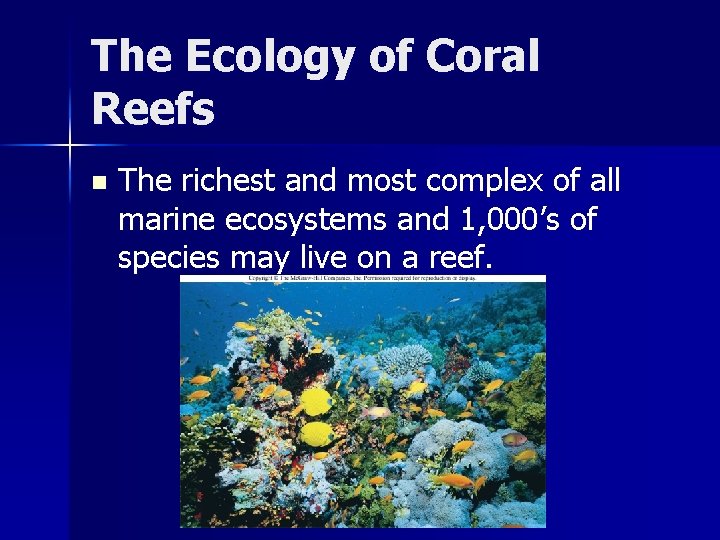 The Ecology of Coral Reefs n The richest and most complex of all marine