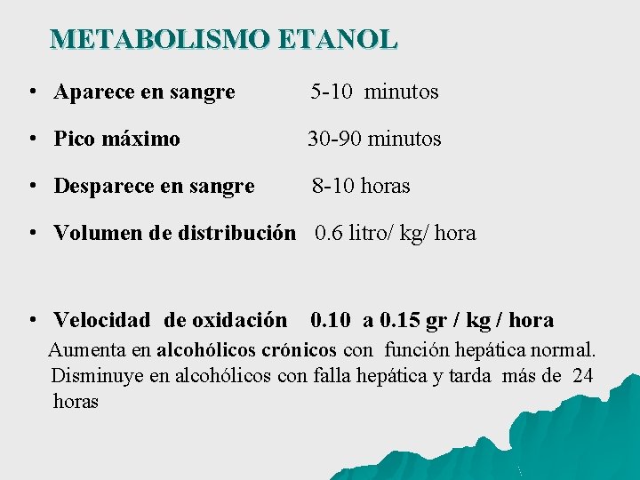 METABOLISMO ETANOL • Aparece en sangre 5 -10 minutos • Pico máximo 30 -90