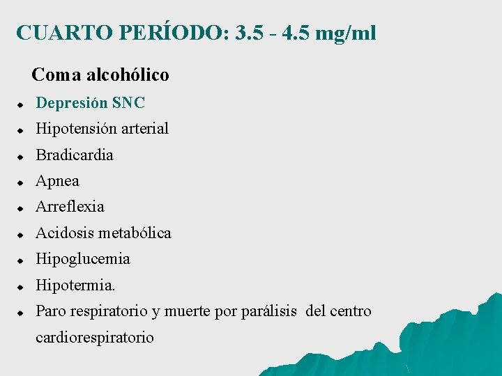 CUARTO PERÍODO: 3. 5 - 4. 5 mg/ml Coma alcohólico u Depresión SNC u