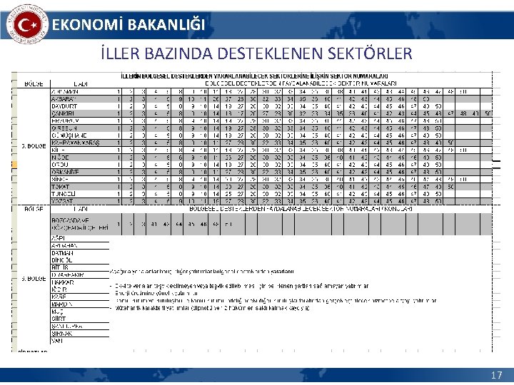 EKONOMİ BAKANLIĞI İLLER BAZINDA DESTEKLENEN SEKTÖRLER 17 