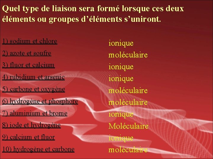 Quel type de liaison sera formé lorsque ces deux éléments ou groupes d’éléments s’uniront.