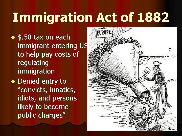 Immigration Act of 1882 $. 50 tax on each immigrant entering US to help