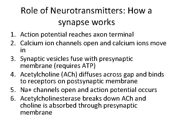 Role of Neurotransmitters: How a synapse works 1. Action potential reaches axon terminal 2.