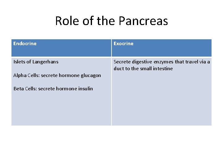 Role of the Pancreas Endocrine Exocrine Islets of Langerhans Secrete digestive enzymes that travel