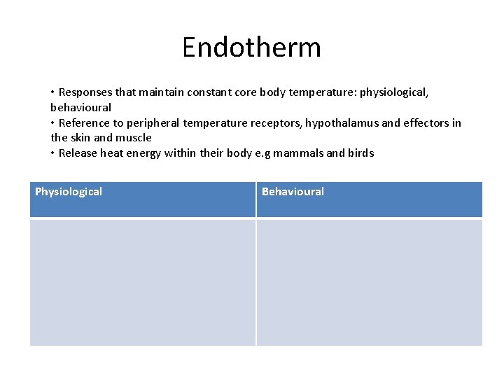 Endotherm • Responses that maintain constant core body temperature: physiological, behavioural • Reference to