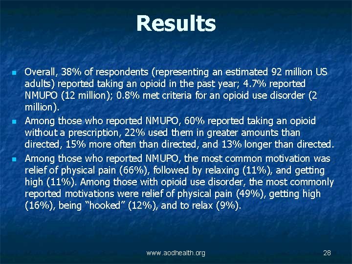 Results n n n Overall, 38% of respondents (representing an estimated 92 million US