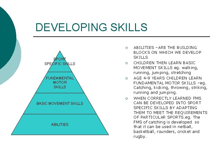 DEVELOPING SKILLS ¡ SPORT SPECIFIC SKILLS FUNDAMENTAL MOTOR SKILLS ¡ ¡ ¡ BASIC MOVEMENT