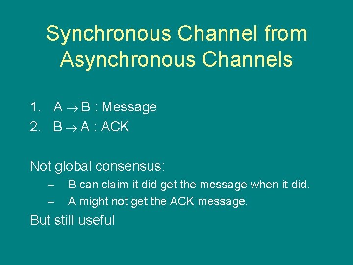 Synchronous Channel from Asynchronous Channels 1. A B : Message 2. B A :