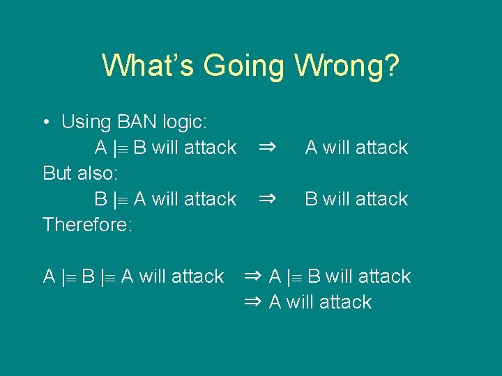 What’s Going Wrong? • Using BAN logic: A | B will attack But also: