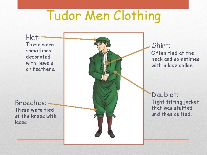 Tudor Men Clothing Hat: These were sometimes decorated with jewels or feathers. Breeches: These