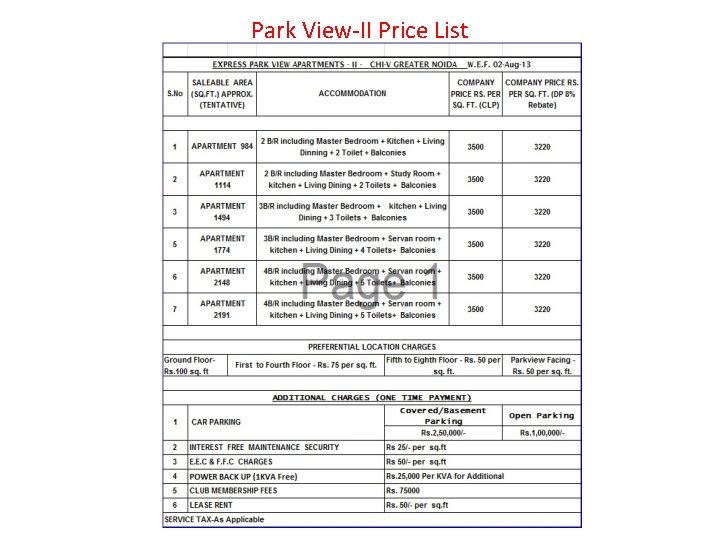 Park View-II Price List 
