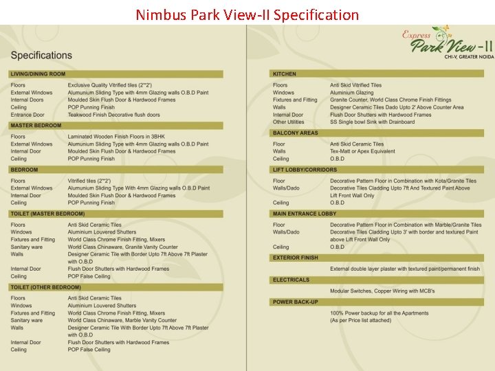 Nimbus Park View-II Specification 