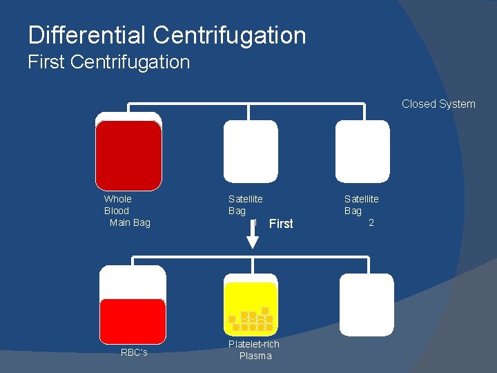 Differential Centrifugation First Centrifugation Closed System Whole Blood Main Bag RBC’s Satellite Bag 1