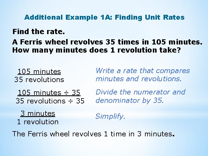 Additional Example 1 A: Finding Unit Rates Find the rate. A Ferris wheel revolves