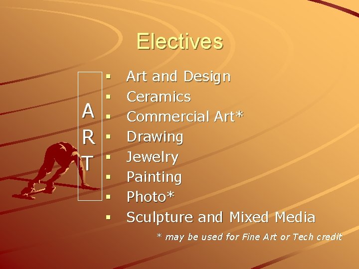Electives A R T § § § § Art and Design Ceramics Commercial Art*