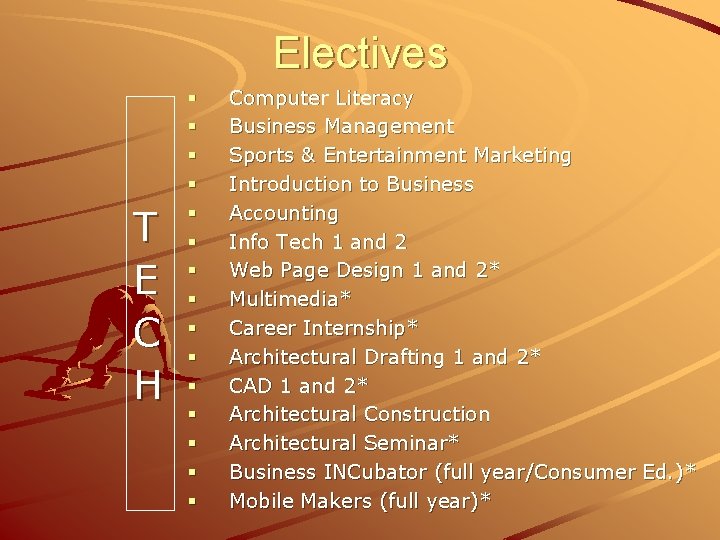 Electives T E C H § § § § Computer Literacy Business Management Sports