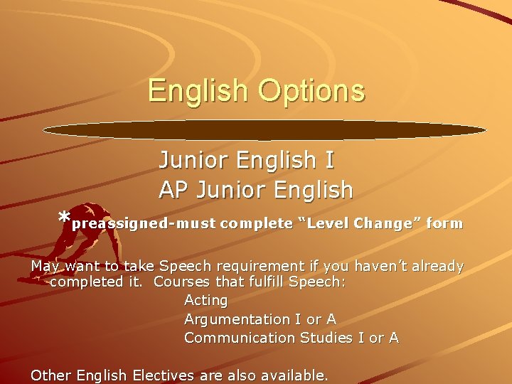 English Options Junior English I AP Junior English *preassigned-must complete “Level Change” form May