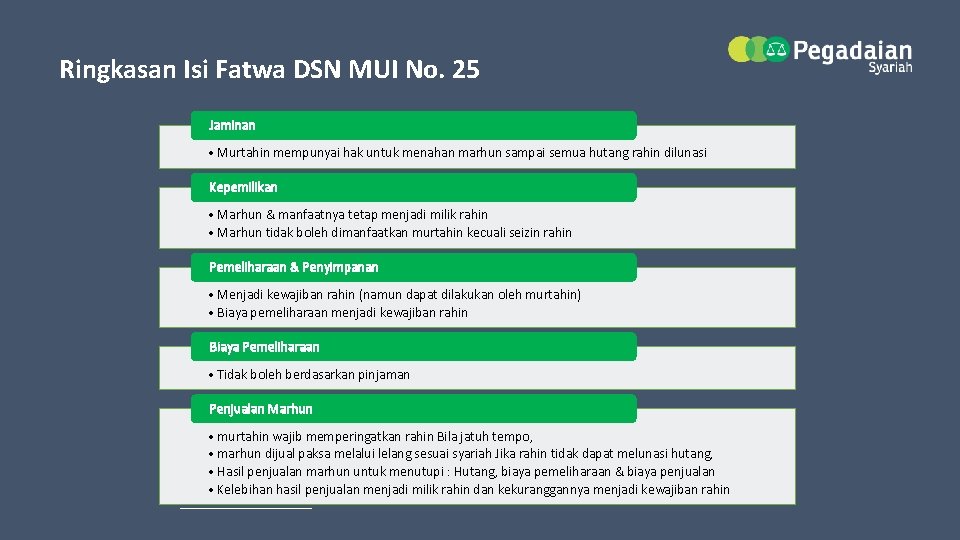 Ringkasan Isi Fatwa DSN MUI No. 25 Jaminan • Murtahin mempunyai hak untuk menahan